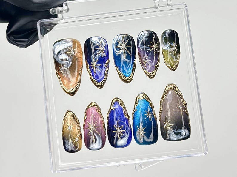 Galaxy Star Press On Nails | Cosmic Nail Set with Gold Stars Fake Nails | Starry Night Nail Art | Galaxy Blue Nails | Luxury Nails | HB916YC