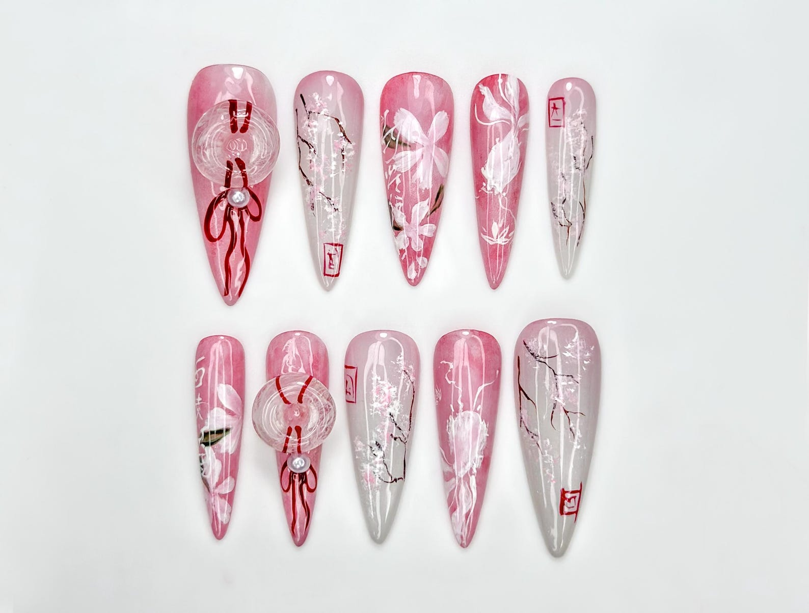 Pink Blossom Press On Nails | Pink Jelly Floral Nails | Asian Flower Nails | Romantic Spring Nails | Handmade Stiletto Press Ons | JB312HC