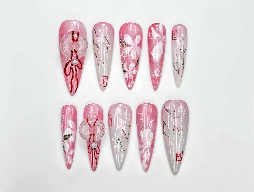 Pink Blossom Press On Nails | Pink Jelly Floral Nails | Asian Flower Nails | Romantic Spring Nails | Handmade Stiletto Press Ons | JB312HC