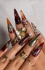 Autumn Luxe Press On Nails | Dark Red & Metallic Gold Nail Art | Handmade Gothic Glam Nails | Long Stiletto Nail | Luxury Fall Vibe| JB173HK