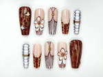 Caramel Elegance Press On Nails | Brown Marble 3D Flower Nails | Butterfly Accent & Luxe Stripe Design | Fall Long Gel Nails | HB1003EC