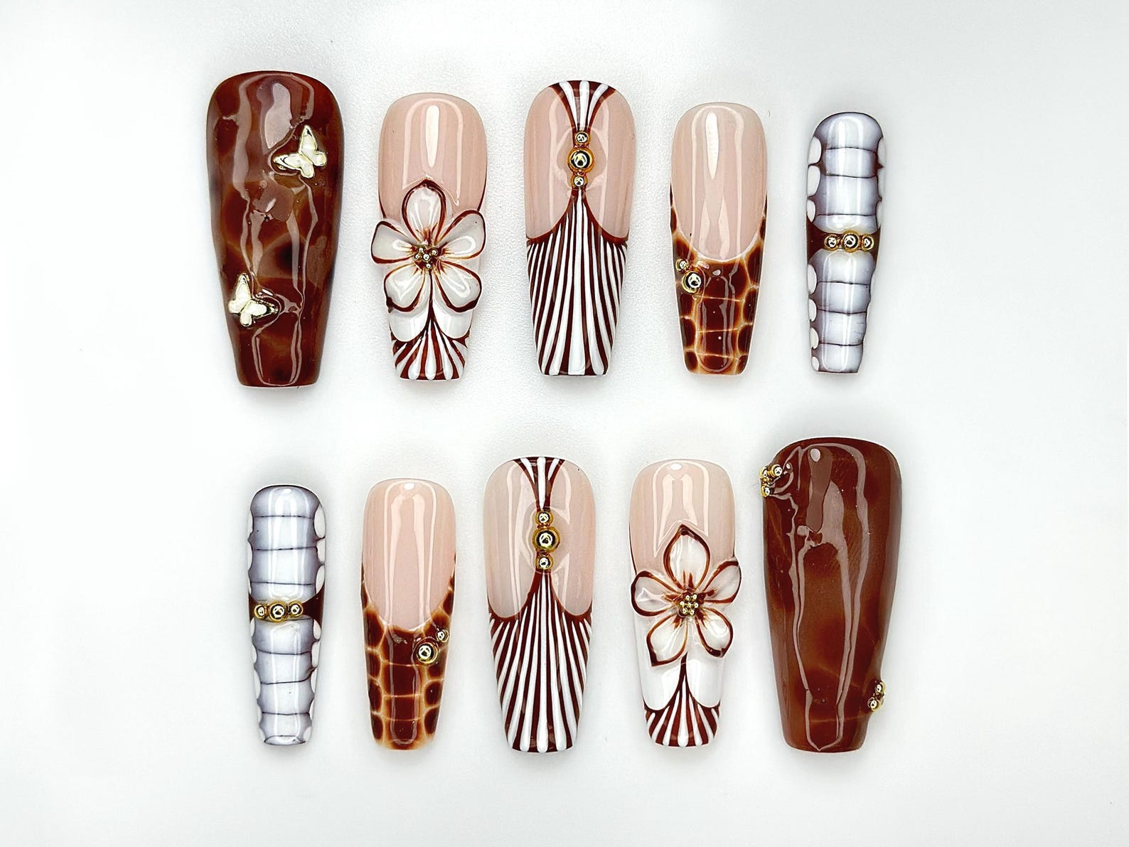 Caramel Elegance Press On Nails | Brown Marble 3D Flower Nails | Butterfly Accent & Luxe Stripe Design | Fall Long Gel Nails | HB1003EC