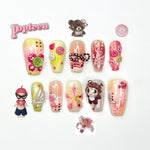 Kawaii Pastel Cartoon Press On Nails | Cute 3D Character & Flower Nails | Pink Yellow Sweet Nail Art | Artistic Press Ons | JB335IK