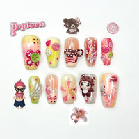 Kawaii Pastel Cartoon Press On Nails | Cute 3D Character & Flower Nails | Pink Yellow Sweet Nail Art | Artistic Press Ons | JB335IK