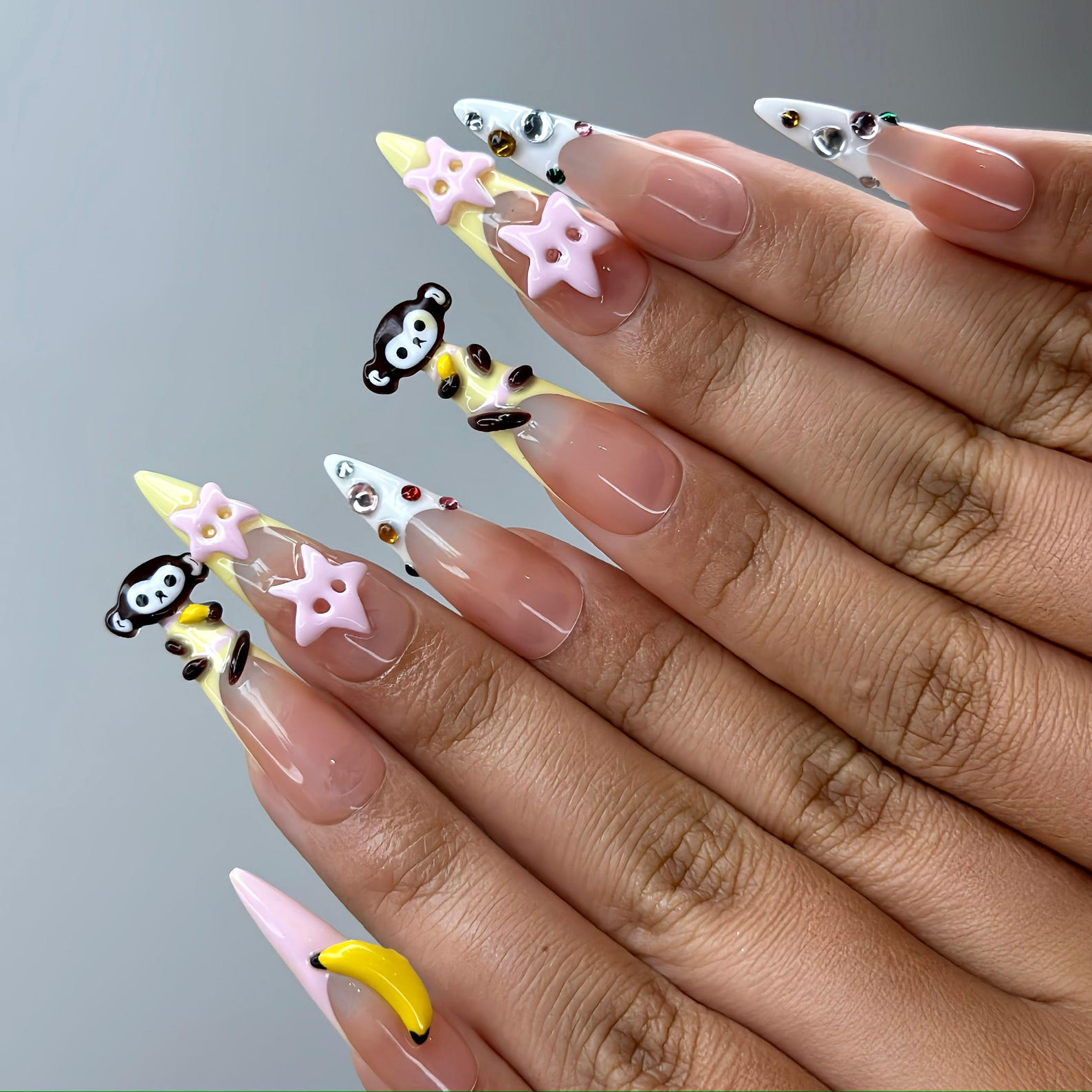 3D Monkey Banana Press On Nails | Cute Pink Star & Fruit Fake Nails | Kawaii Handmade Nail Art | Playful Cute Nails | Cartoon Nails |HB255YC