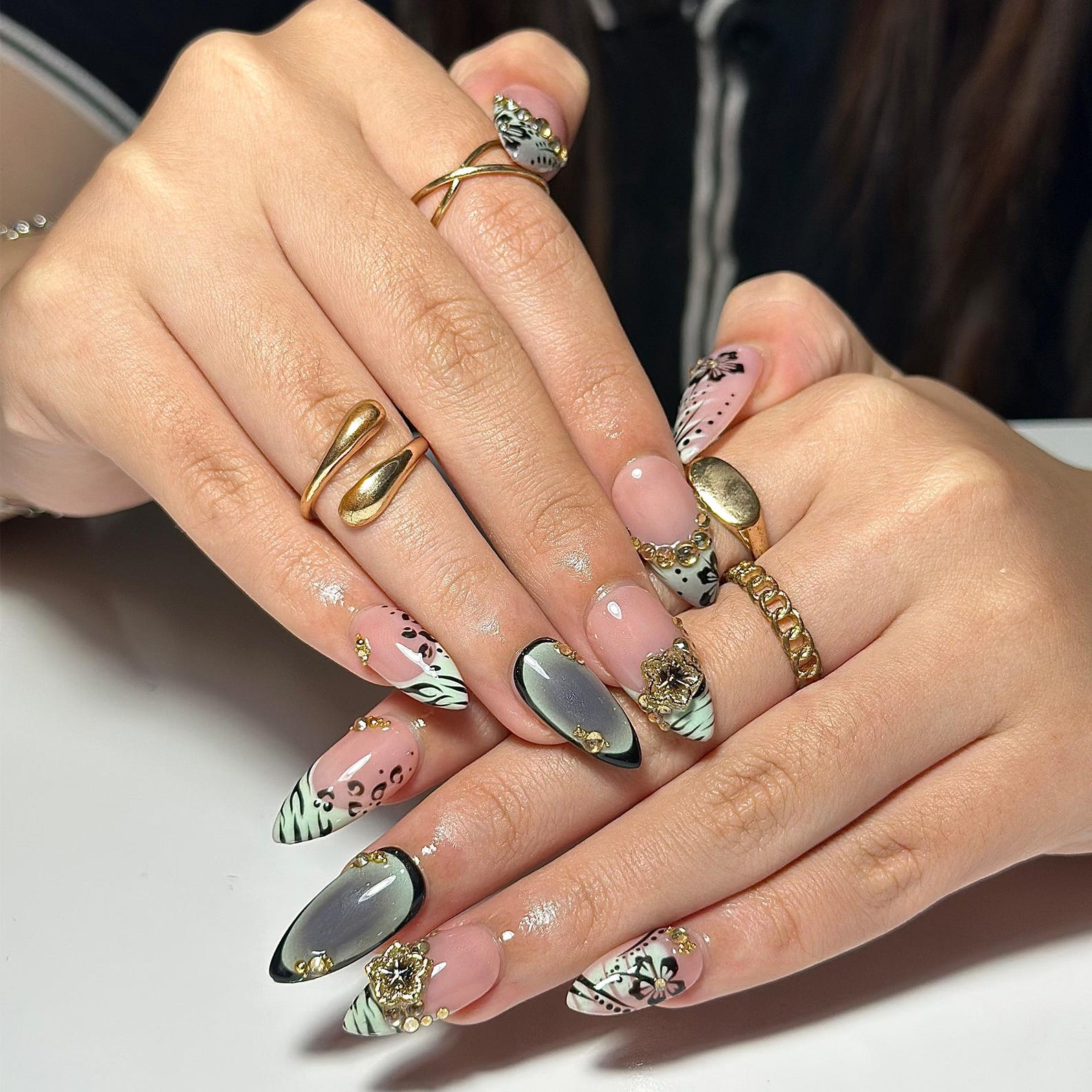 Nude Pink Press On Nails with Black Floral and Gold Charm | 3D Elegant Nails in Almond Shape | Handmade Nails for Party, Wedding | HC1310NC