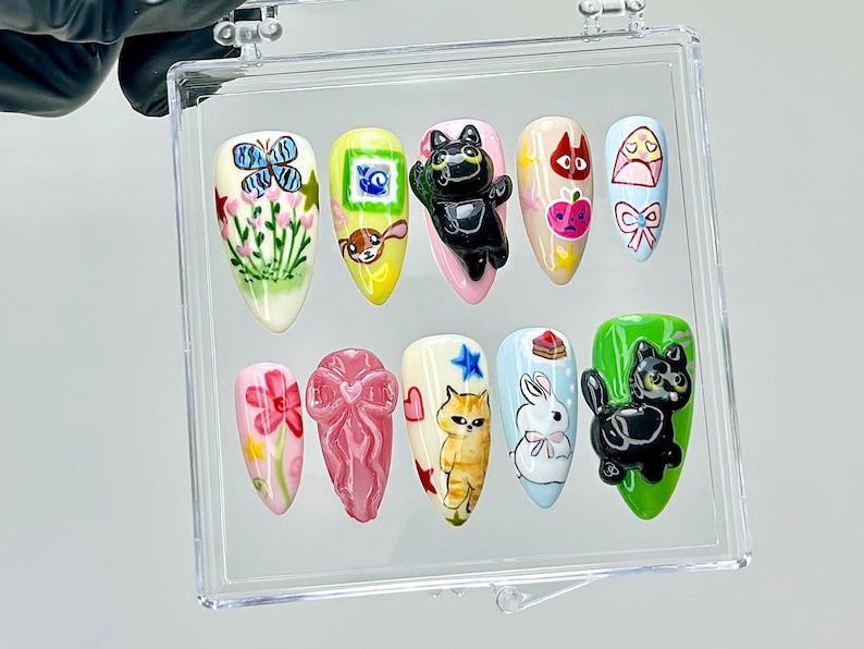 3D Kawaii Cat Press On Nails | Pastel Cartoon Fake nails | Cartoon Cat Bunny Nail Art | 3D Cute Animal Kawaii Nails | Pastel Nails | HB939YC