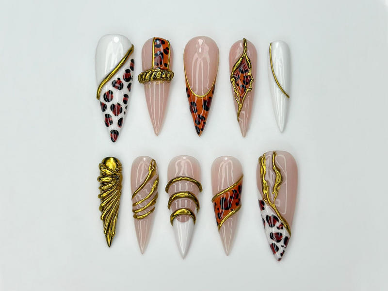 Gold Leopard Luxury Press On Nails | 3D Metallic Chrome Nails | Animal Print Stiletto | Glam Nail Set | Handmade Press Ons | JC318HC