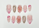 Blush Bloom Elegance Press On Nails | 3D Floral Accents & Gold Details & Pink Ombre Press Ons | Wedding Nails | JC962H