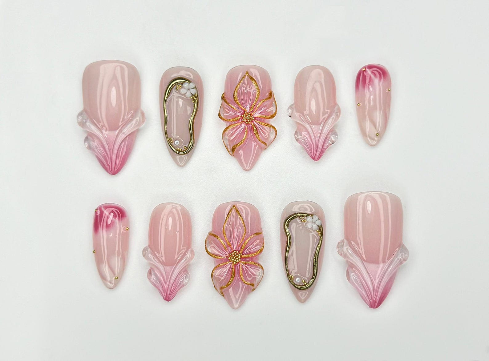 Blush Bloom Elegance Press On Nails | 3D Floral Accents & Gold Details & Pink Ombre Press Ons | Wedding Nails | JC962H