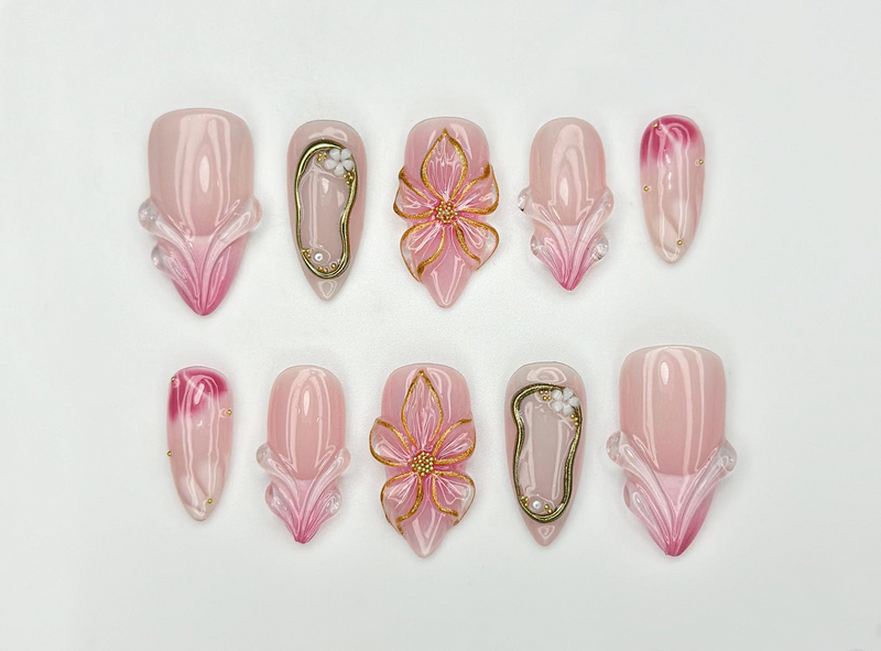 Blush Bloom Elegance Press On Nails | 3D Floral Accents & Gold Details & Pink Ombre Press Ons | Wedding Nails | JC962H