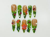 Green Floral Press On Nails with Ladybug and Pearl | 3D Nature Nails in Long Almond | Handmade Spring Nails for Wedding, Vacation | JB330N
