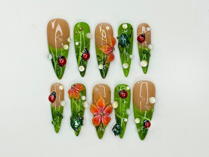 Green Floral Press On Nails with Ladybug and Pearl | 3D Nature Nails in Long Almond | Handmade Spring Nails for Wedding, Vacation | JB330N