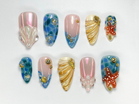 Summer Beach Vibe Press On Nails | Handmade Shell and Starfish Nails | Elegant Sea-Inspired Nail Set | Beach Summer Vibes | JC757H