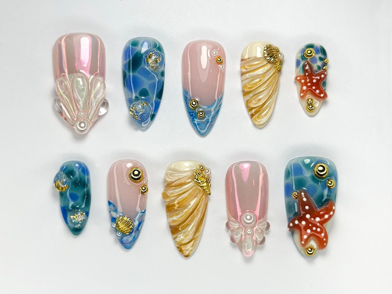 Summer Beach Vibe Press On Nails | Handmade Shell and Starfish Nails | Elegant Sea-Inspired Nail Set | Beach Summer Vibes | JC757H