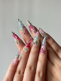 Spring Glass Floral Press On Nails | Hand Painted Flower Nails | Pastel Stiletto Nails | Elegant Floral Nail Art | Luxury Press Ons|HB1278HC