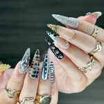 Gothic Silver Black Press On Nails | Spiral Gothic Nail Art | 3D Cross & Spiral Fake Nails | Punk Style Press Ons | Dark Nails | HC533YC