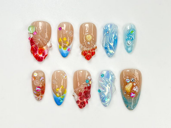 Ocean Flame Fantasy Press On Nails | 3D Water & Fire Nail Art | Handmade Glossy Beach-Inspired Nails for Summer| Vacation Nail Art| JC769HC