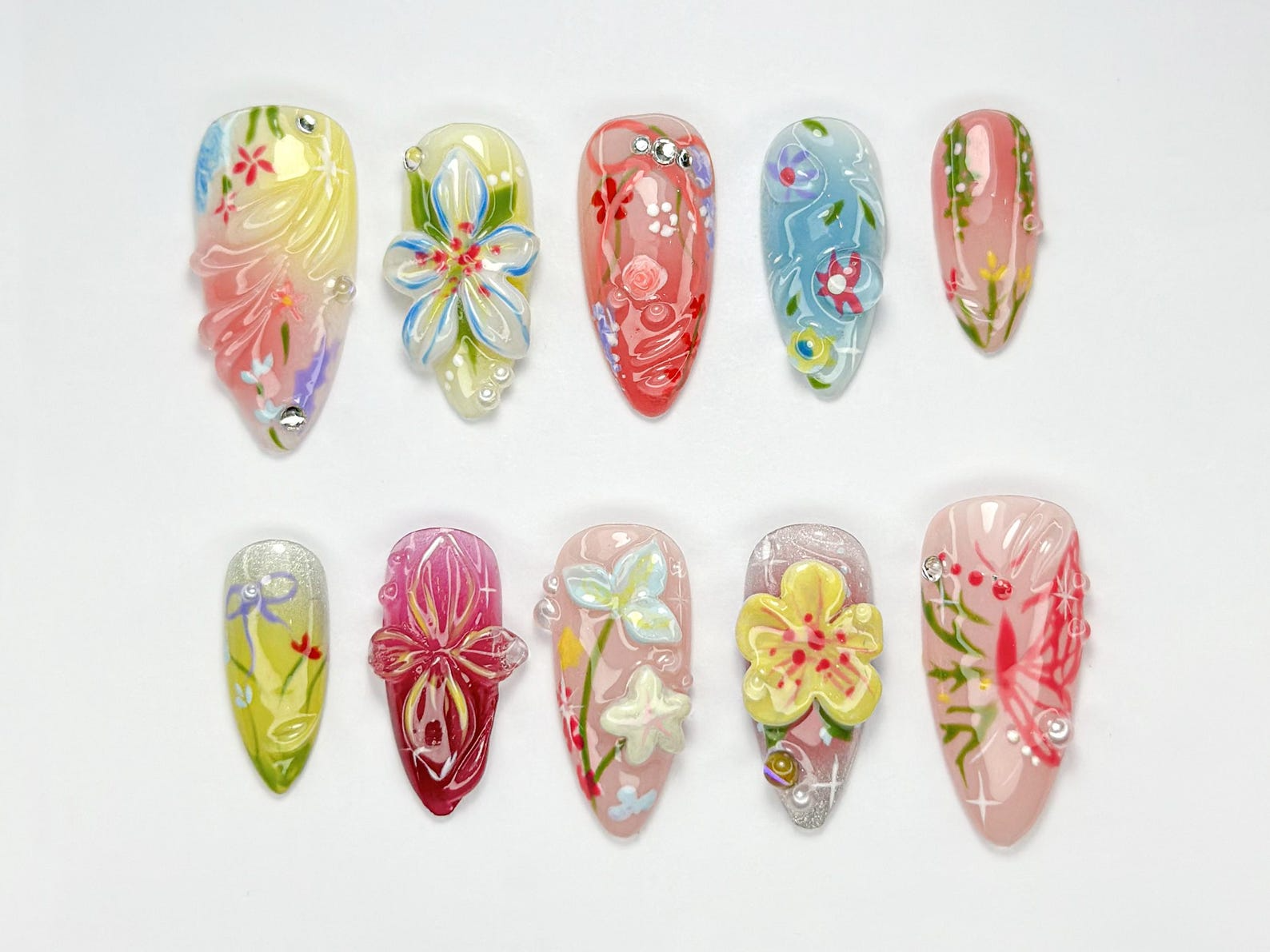 Spring Garden Bloom Press On Nails | Colorful Floral 3D Nail Art | Soft Pastel Press Ons | Handmade Elegant Set for Spring & Summer|JB751HK