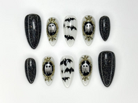 Haunted Mirror Ghost Nails | Gothic Halloween Press Ons | Black Glitter & Bat Nail Art | Handmade Spooky Black Set | JC1143BK