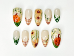 Autumn Pumkin Press On Nails | Pumpkin Sunflower Nail Art | Fall Rustic Farm Nails | Handmade Long Stiletto Nails | HC1087HC