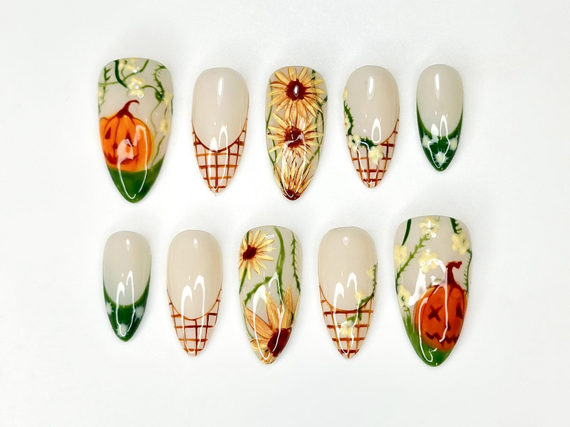 Autumn Pumkin Press On Nails | Pumpkin Sunflower Nail Art | Fall Rustic Farm Nails | Handmade Long Stiletto Nails | HC1087HC