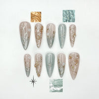 Elegant Gold Floral Cat eyes Nails | Nude Sage Blue Nails | Luxury Minimal Nails | Jasmin Flower Nails | Glossy Reusable Nails | JC339IC