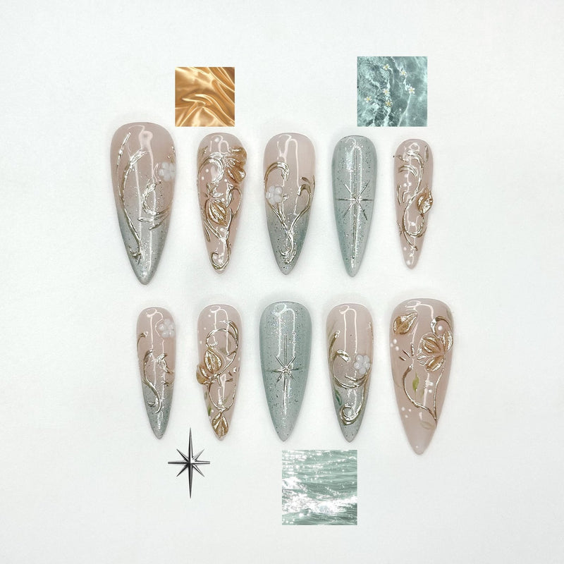 Elegant Gold Floral Cat eyes Nails | Nude Sage Blue Nails | Luxury Minimal Nails | Jasmin Flower Nails | Glossy Reusable Nails | JC339IC