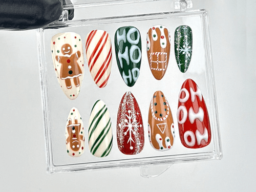 Christmas Party Press On Nails | Gingerbread Man & Holiday Stripes Nail Art | Handmade press on nail | Festive Nails | HB635YK