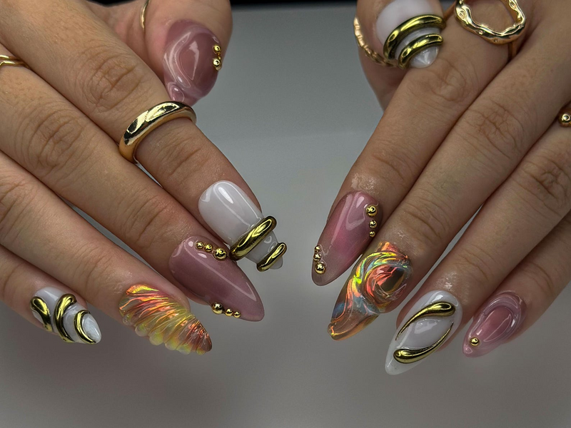 Aurora Gold Swirl Press On Nails | Holographic Iridescent Shell Nails | 3D Gold Chrome Accent Tips | Almond Shape Artistic Nails | HC1007EC