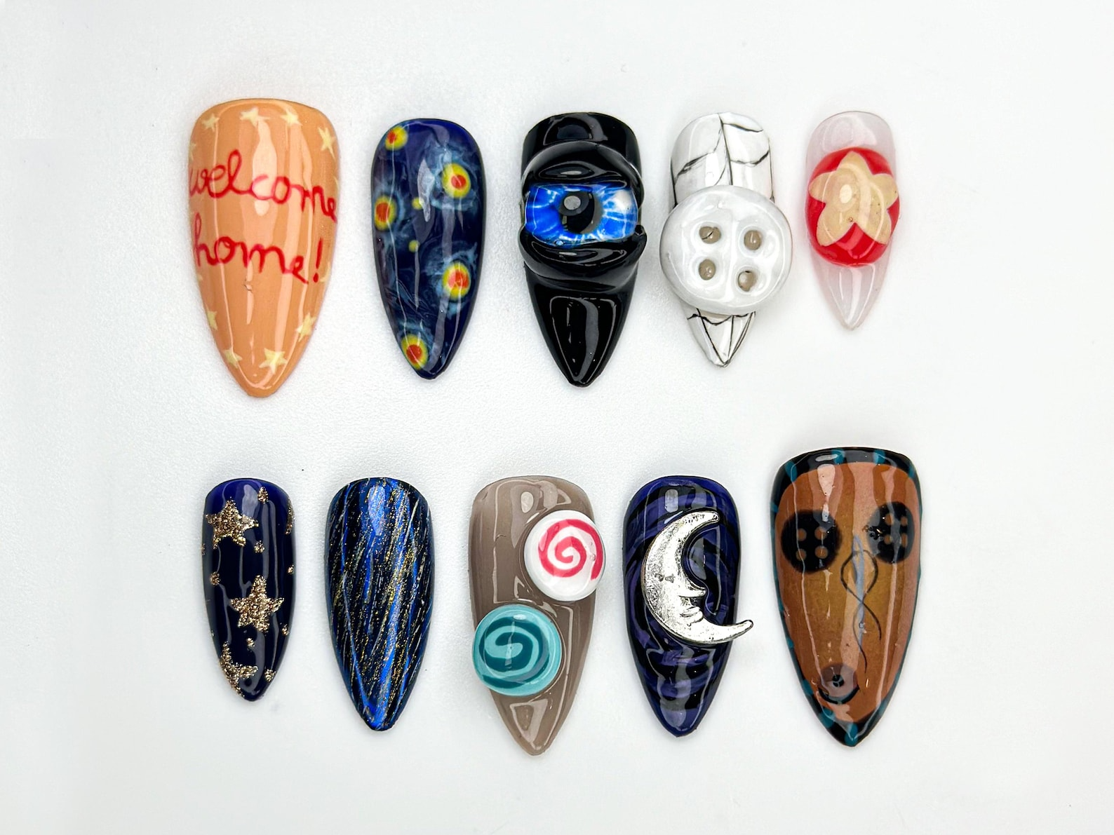 Coraline Other World Press On Nails | Button Eyes Nail Art | Spooky Fantasy Nails | Handmade 3D Nail Set | Halloween Horror Nails | JB868H
