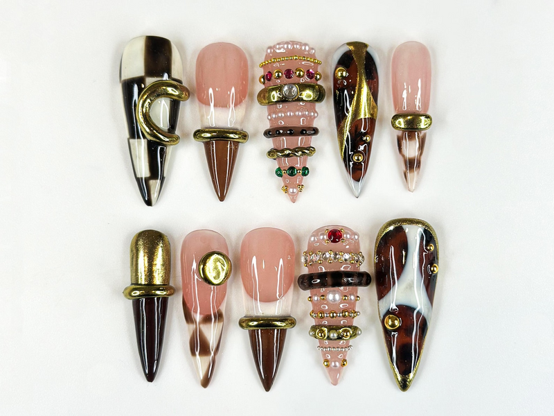 Brown Gold Luxe Press On Nails | Sculptural Ring Nail Art | Luxury Jewelry Inspired Nails | High Fashion Press Ons | Luxury Nail | JB262HK