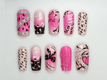 Pink Y2K Leopard Press On Nails | Rhinestone Star Design | Heart & Animal Print Nails | Bold Pink Chrome Nail Art| Trendy Y2K Nails |JC845HC