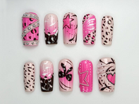 Pink Y2K Leopard Press On Nails | Rhinestone Star Design | Heart & Animal Print Nails | Bold Pink Chrome Nail Art| Trendy Y2K Nails |JC845HC