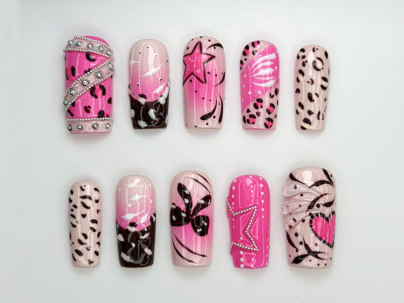 Pink Y2K Leopard Press On Nails | Rhinestone Star Design | Heart & Animal Print Nails | Bold Pink Chrome Nail Art| Trendy Y2K Nails |JC845HC