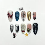 Star Girl Gothic Press On Nails | Cyber Y2K Chrome Nails | Black & Gold Star Nails | Gothic Cat Press Ons | Edgy Rockstar Nail Art | JC341IC