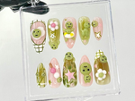 Cute Smiski Frog Almond Nails | Custom Smiski Inspired Design Nail Art | Kawaii Smiski Fake Nails | Cute and Playful Design Nails | HC725YK