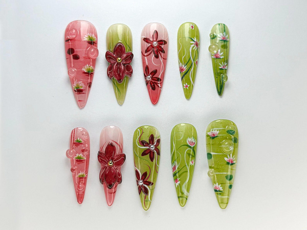 Spring Bloom Press-On Nails | Handmade Lotus Blossom Nail Set | Pink & Green Lotus Nail Art | Nature-Inspired Nails |JC720HC
