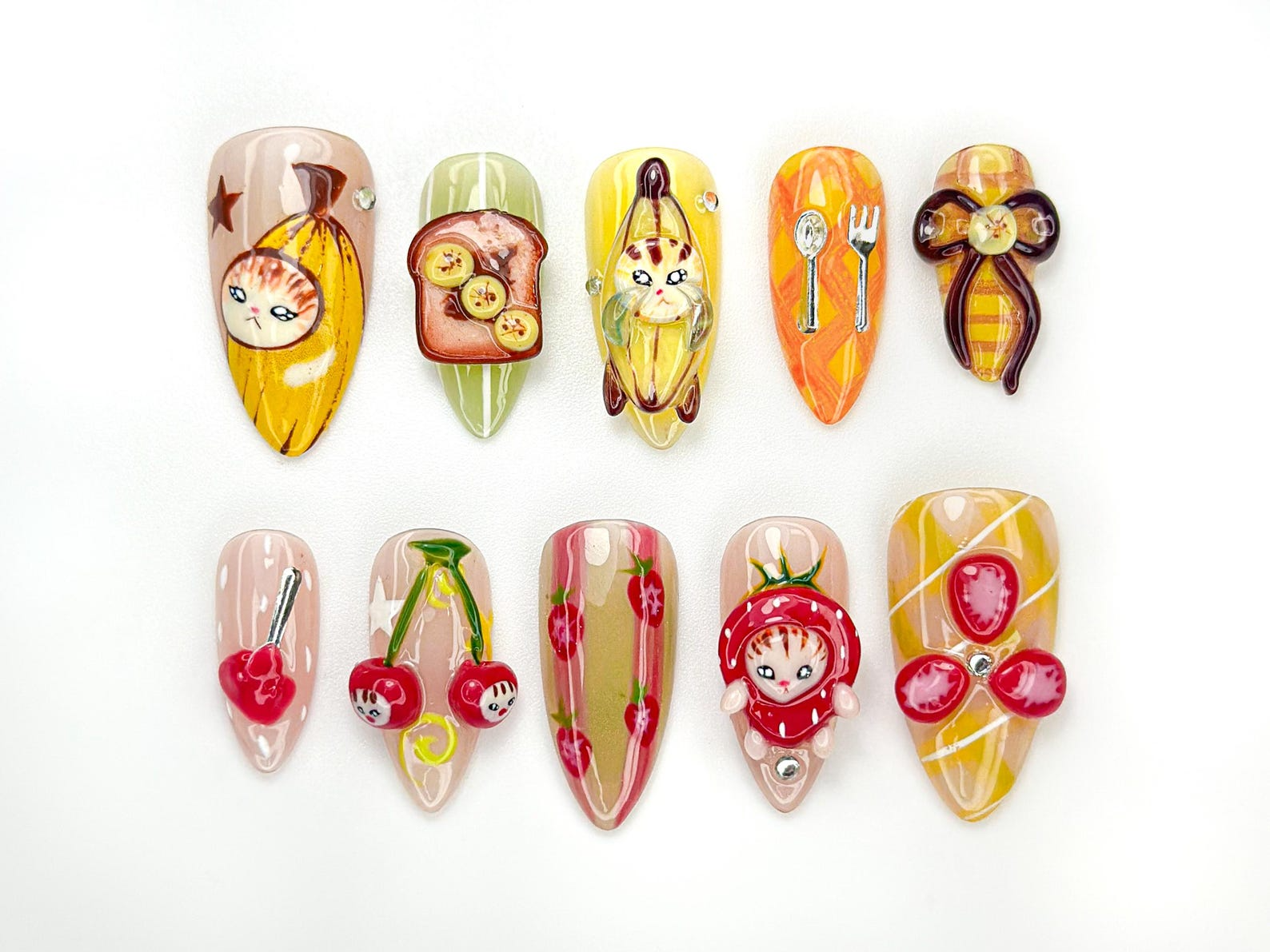 Banana Cat Press On Nails | Cute Fruit Nail Art | 3D Food Nails | Kawaii Handmade Press Ons | Quirky Character Nail Design | JB909HC