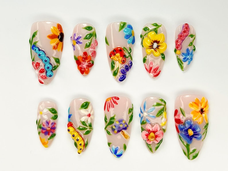 Colorful Flower Press-On Nails | Spring Flower Press Ons | 3D Flowers Fake Nails| Perfect for Special Occasions | Summer Collection |JB759YC