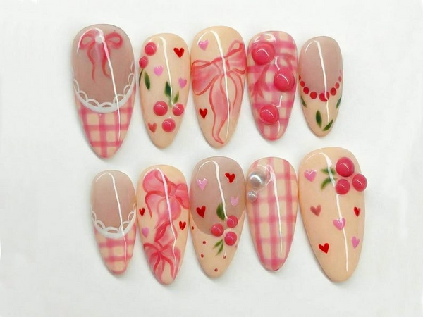 Press On Nails Adhesive Tabs ?M?Cherry Heart & Pink Ribbon Nude Press On Nails, Handmade Valentine Fake Nails Sweet Romantic Nail Art