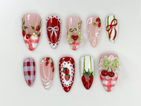 Strawberry Picnic Press On Nails | Cute 3D Strawberry And Bow Nail Art | Gingham Vintage Picnic Nails | Red & Pink Summer Nails | JB822H
