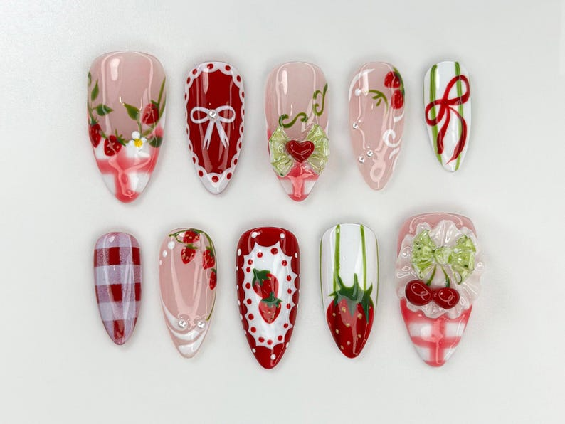 Strawberry Picnic Press On Nails | Cute 3D Strawberry And Bow Nail Art | Gingham Vintage Picnic Nails | Red & Pink Summer Nails | JB822H