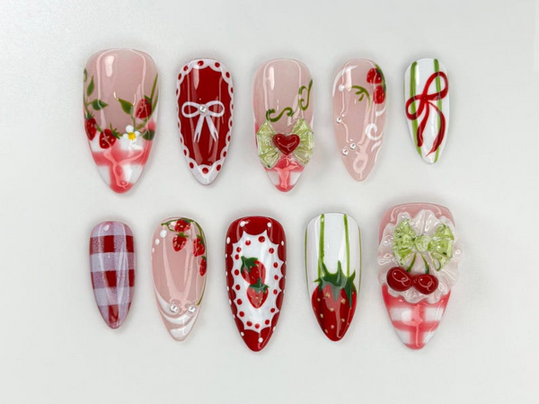 Strawberry Picnic Press On Nails | Cute 3D Strawberry And Bow Nail Art | Gingham Vintage Picnic Nails | Red & Pink Summer Nails | JB822H