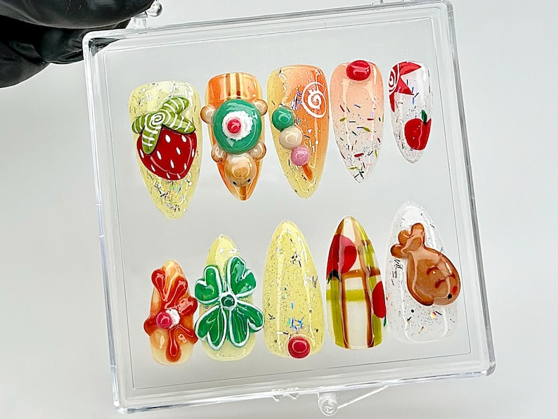 Cute Food Theme Press On Nails by DoryNails | 3D Fruit, Candy Press Ons | Food Theme Fake Nails | Unique Food Nails |Festival Nails |HB855YC