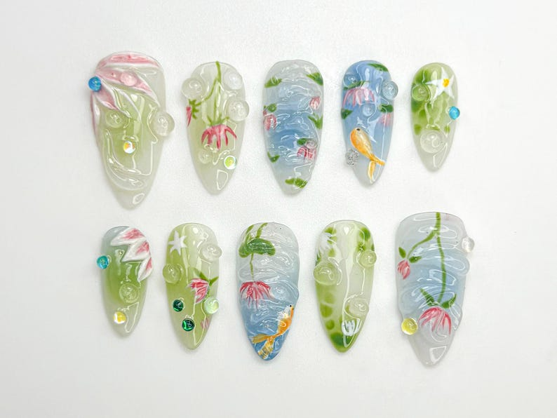 Water Garden Koi Press On Nails | Hand-Painted Koi Fish & Lotus Flowers | Zen Nature Art Nail Set | Calm Pond-Inspired Press Ons | JC798HC