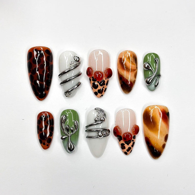 2026 Trend: Biomorphic Amber & Moss Nails | Tortoiseshell Cyber-Grunge Press Ons | Liquid Metal Silver Art | Earth-Tone Future Nails|JB363IC