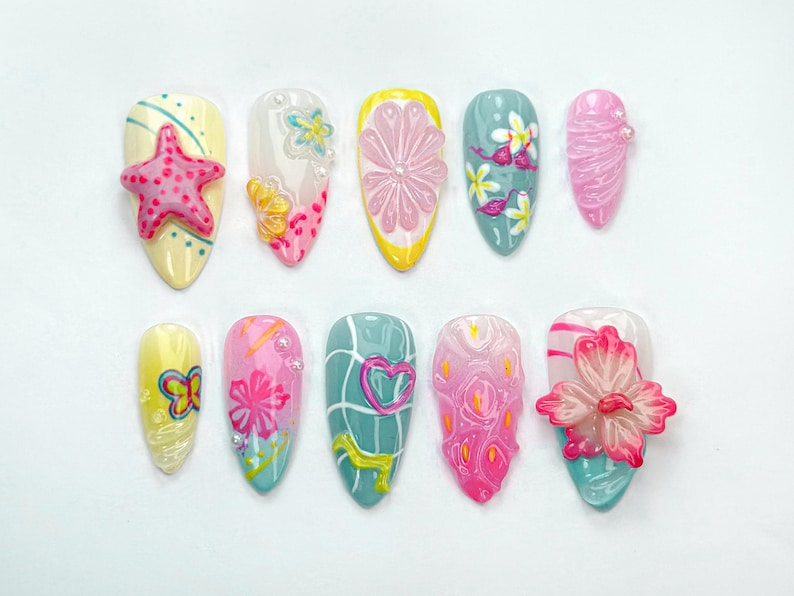 Tropical Summer Press-On Nails | Bright Pink & Yellow Nail Art | Summer Inspired Nail Design | Cute Beach Nail Set | Tropical Vibes |JB738HC