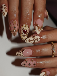 Nail Tabs for Press On Nails ?M?Golden Heart Baroque Press On Nails | Valentine Nails | Ivory Blush French Tips |DB09H