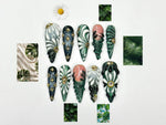 Green Black Press On Nails with 3D Floral and Gold Detail | Elegant Botanical Nails in Almond Shape | Luxury Nails | JB356NC